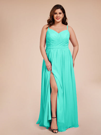 Kimora Spaghetti Straps Chiffon Plus Size Bridesmaid Dresses with Slit