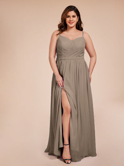 Kimora Spaghetti Straps Chiffon Plus Size Bridesmaid Dresses with Slit