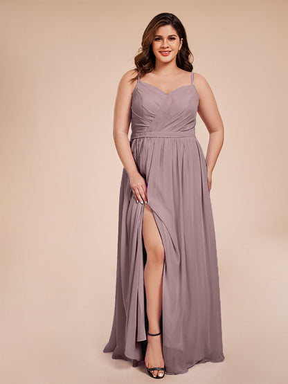 Kimora Spaghetti Straps Chiffon Plus Size Bridesmaid Dresses with Slit