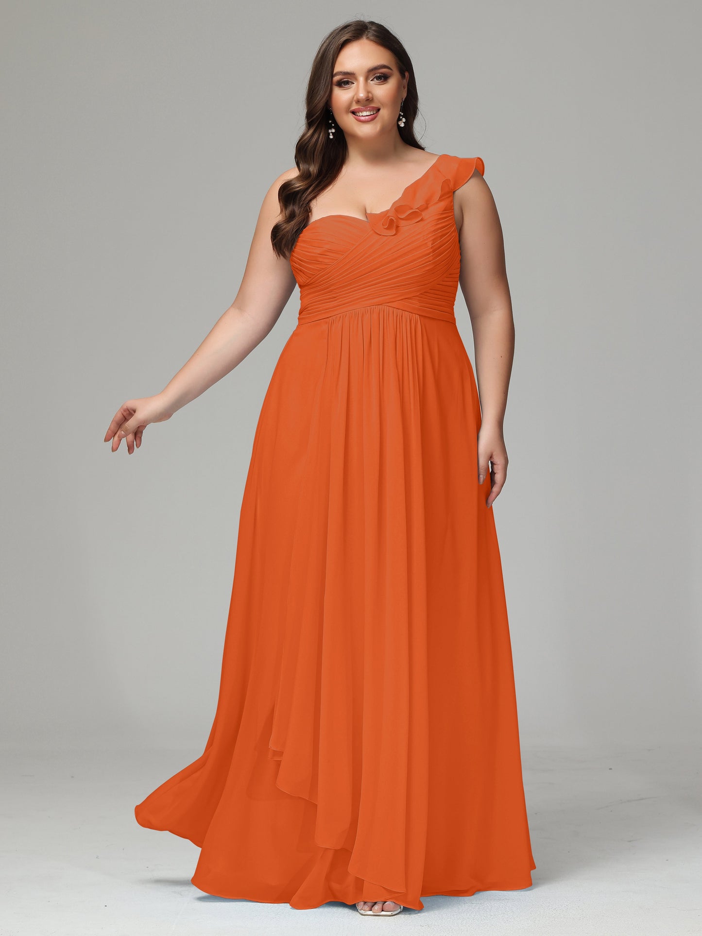 One-Shoulder Ruffles Plus Size Chiffon Bridesmaid Dresses