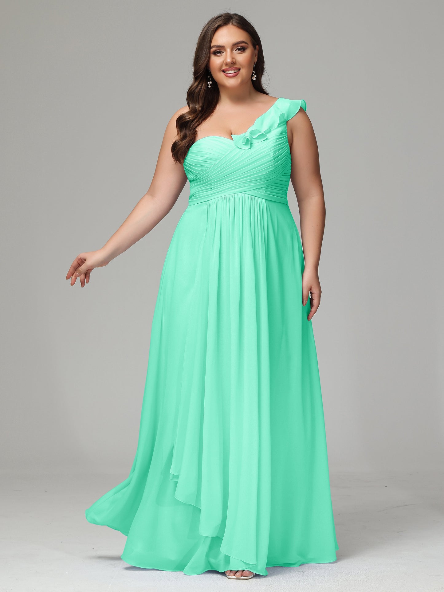 One-Shoulder Ruffles Plus Size Chiffon Bridesmaid Dresses