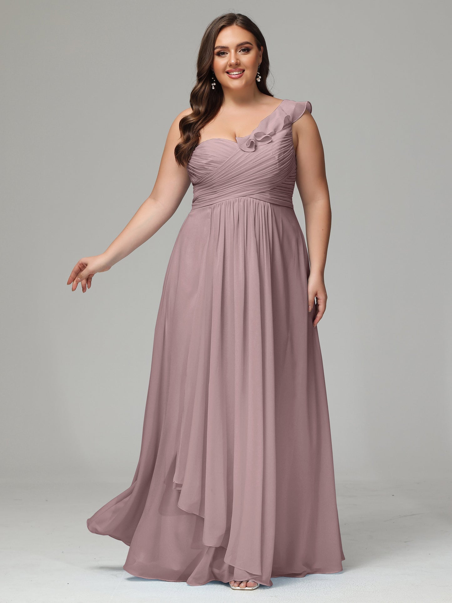 One-Shoulder Ruffles Plus Size Chiffon Bridesmaid Dresses