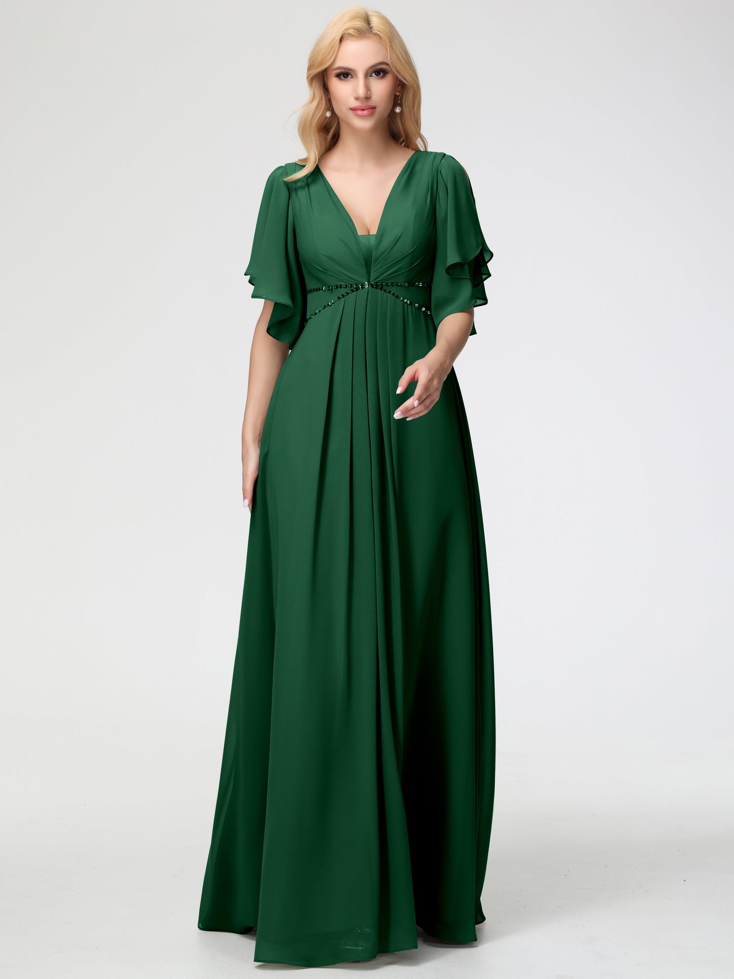 Dark Green Bridesmaid Dresses A-Line Short Sleeves V Neck Sequined Empire Waist Long Chiffon Bridesmaid Dresses