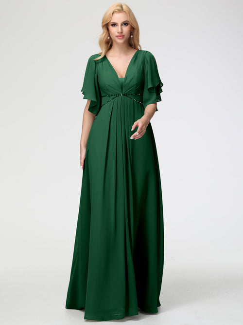 Dark Green Bridesmaid Dresses A-Line Short Sleeves V Neck Sequined Empire Waist Long Chiffon Bridesmaid Dresses