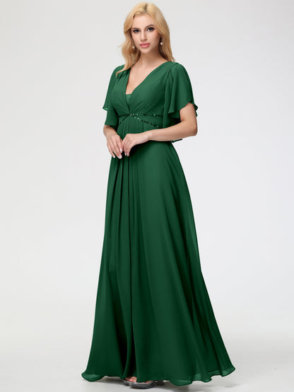 Dark Green Bridesmaid Dresses A-Line Short Sleeves V Neck Sequined Empire Waist Long Chiffon Bridesmaid Dresses