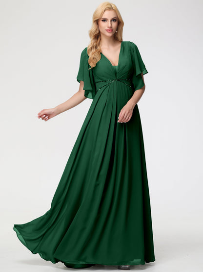 Dark Green Bridesmaid Dresses A-Line Short Sleeves V Neck Sequined Empire Waist Long Chiffon Bridesmaid Dresses