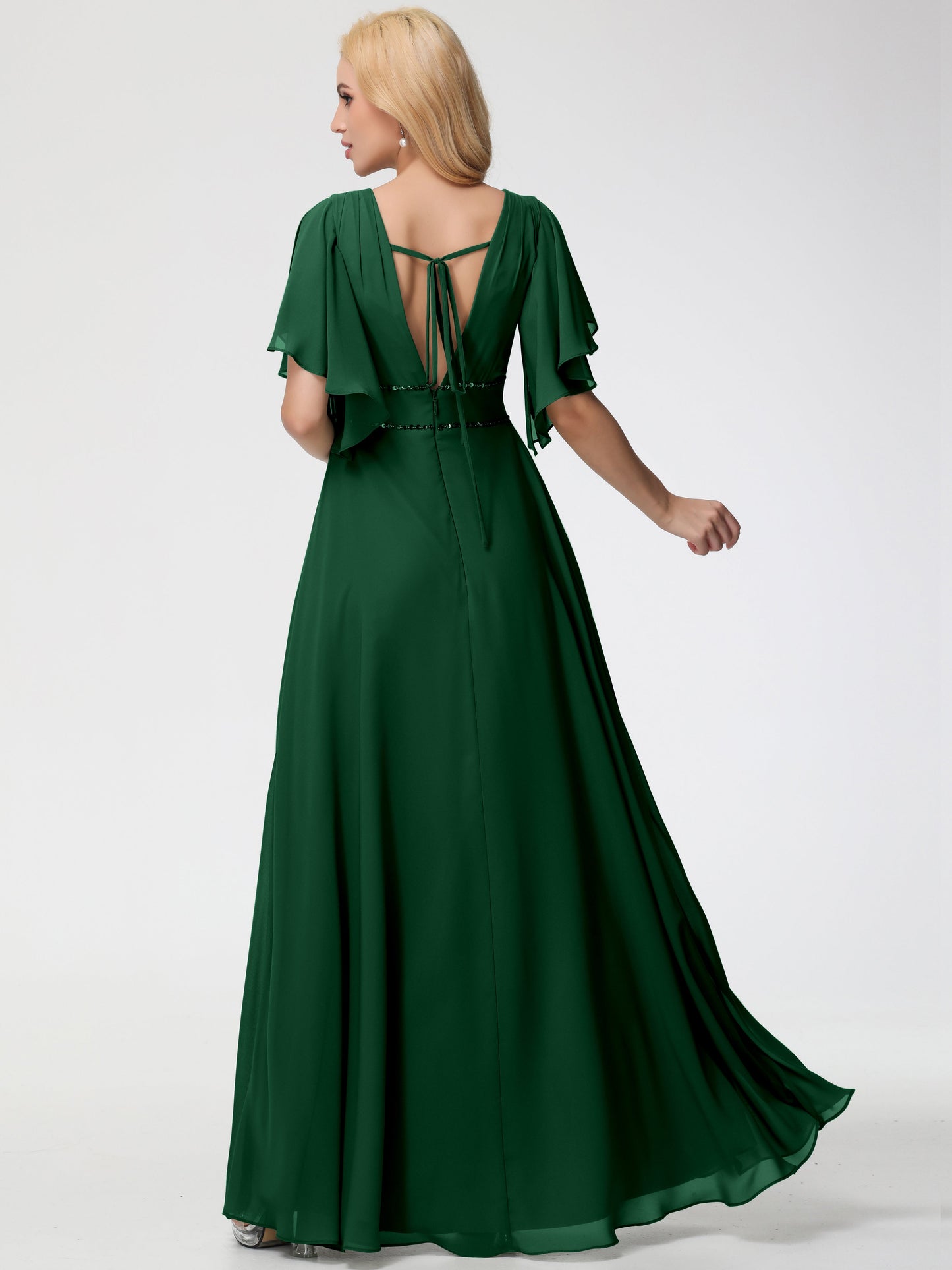 Dark Green Bridesmaid Dresses A-Line Short Sleeves V Neck Sequined Empire Waist Long Chiffon Bridesmaid Dresses