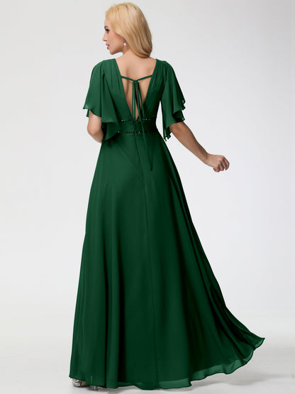 Dark Green Bridesmaid Dresses A-Line Short Sleeves V Neck Sequined Empire Waist Long Chiffon Bridesmaid Dresses
