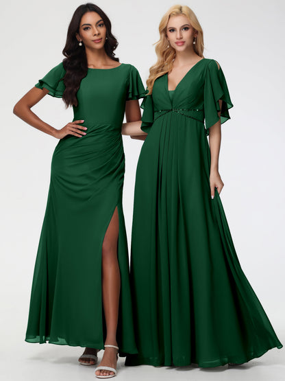 Dark Green Bridesmaid Dresses A-Line Short Sleeves V Neck Sequined Empire Waist Long Chiffon Bridesmaid Dresses