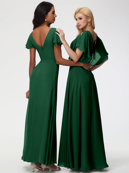 Dark Green Bridesmaid Dresses A-Line Short Sleeves V Neck Sequined Empire Waist Long Chiffon Bridesmaid Dresses