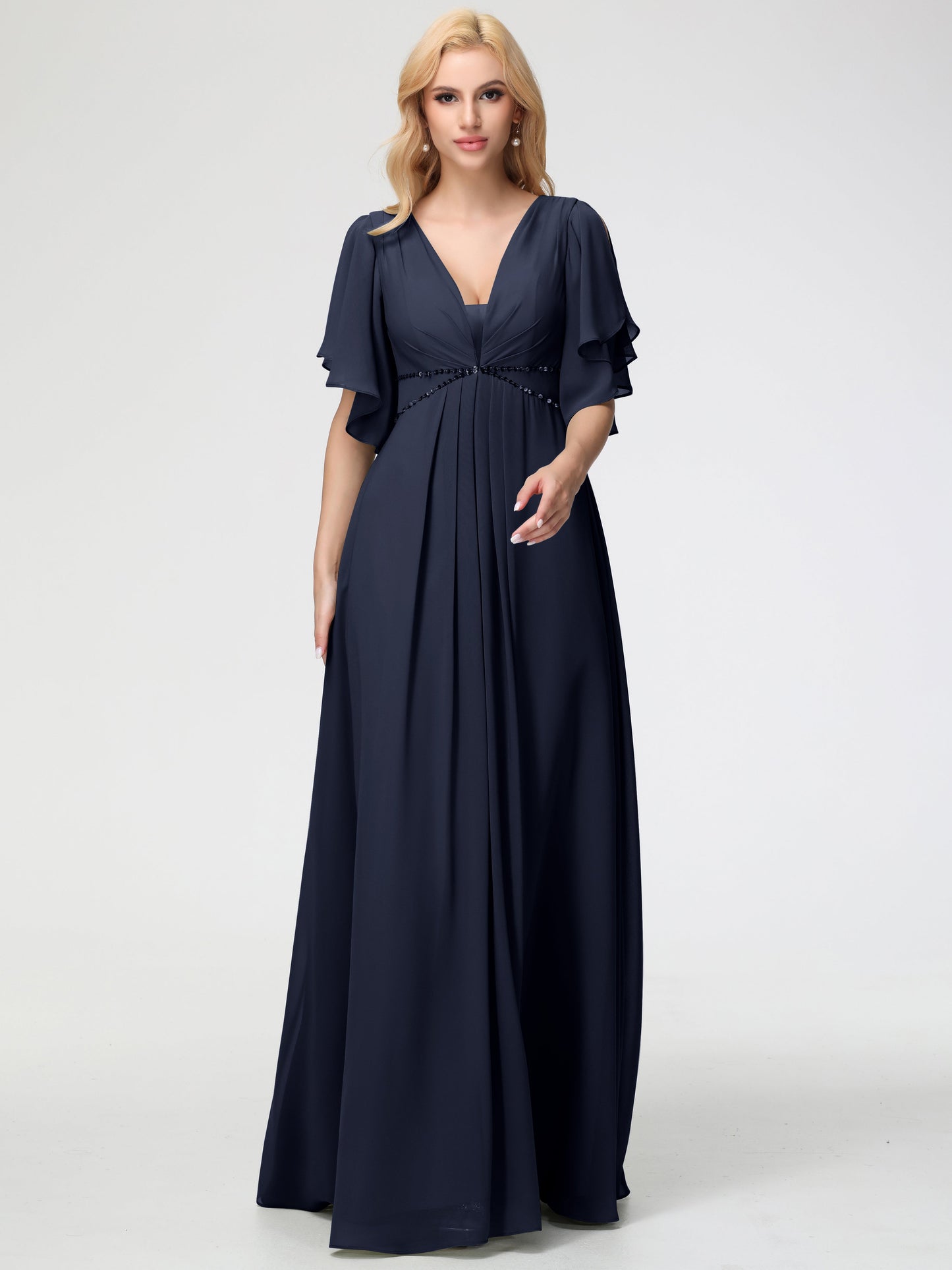 Dark Navy Bridesmaid Dresses A-Line Short Sleeves V Neck Sequined Empire Waist Long Chiffon Bridesmaid Dresses