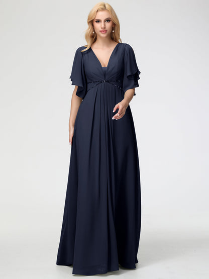 Dark Navy Bridesmaid Dresses A-Line Short Sleeves V Neck Sequined Empire Waist Long Chiffon Bridesmaid Dresses
