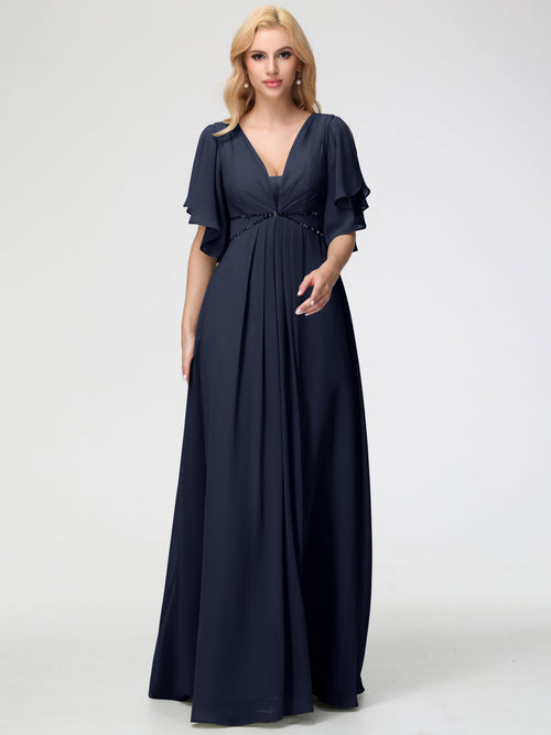 Dark Navy Bridesmaid Dresses A-Line Short Sleeves V Neck Sequined Empire Waist Long Chiffon Bridesmaid Dresses