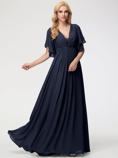 Dark Navy Bridesmaid Dresses A-Line Short Sleeves V Neck Sequined Empire Waist Long Chiffon Bridesmaid Dresses