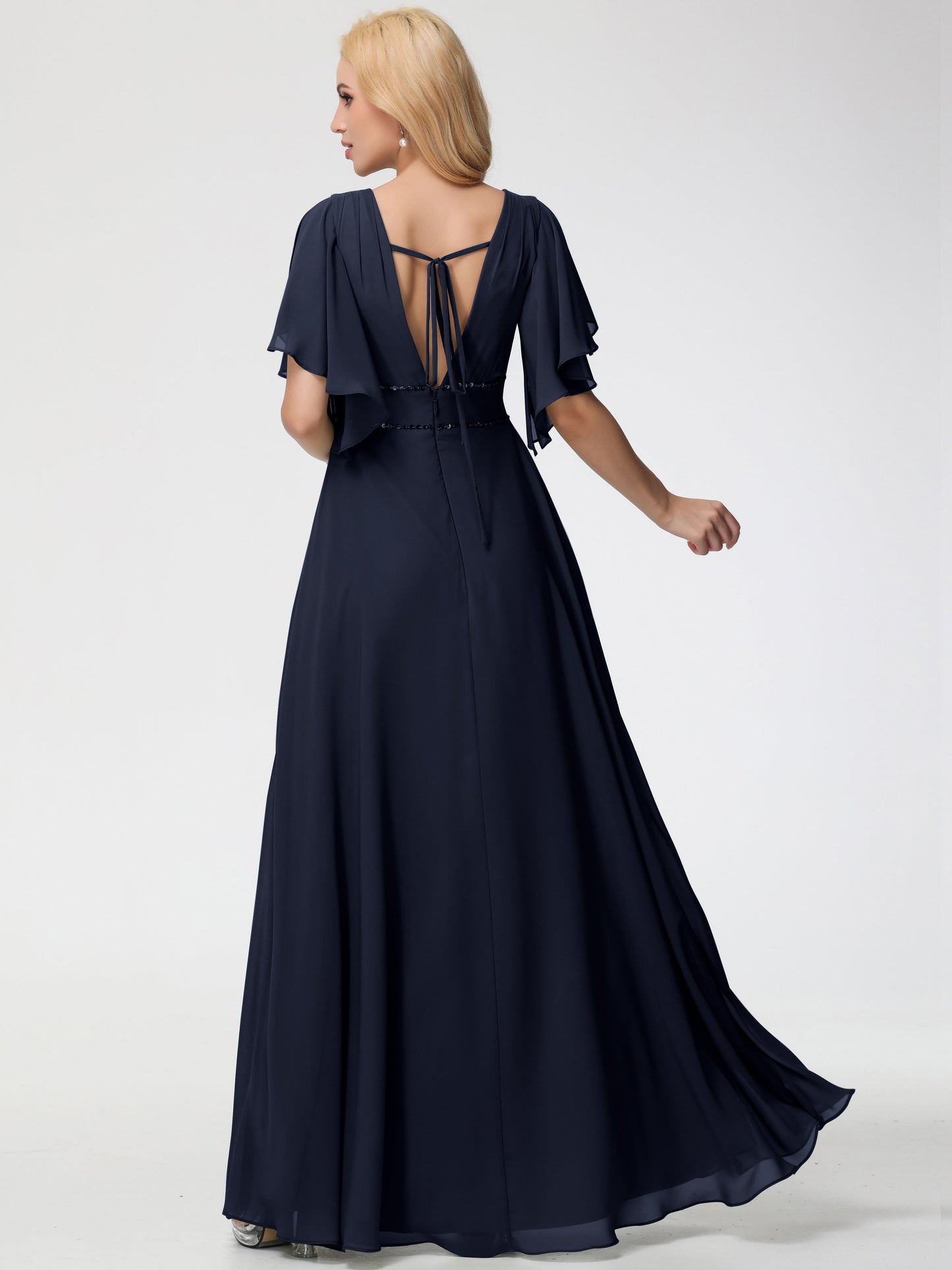Dark Navy Bridesmaid Dresses A-Line Short Sleeves V Neck Sequined Empire Waist Long Chiffon Bridesmaid Dresses