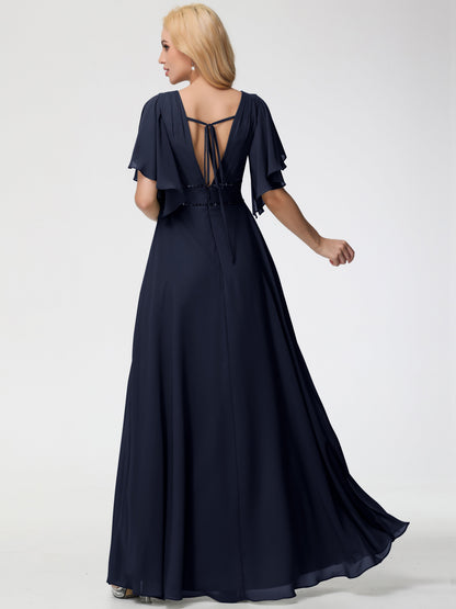 Dark Navy Bridesmaid Dresses A-Line Short Sleeves V Neck Sequined Empire Waist Long Chiffon Bridesmaid Dresses