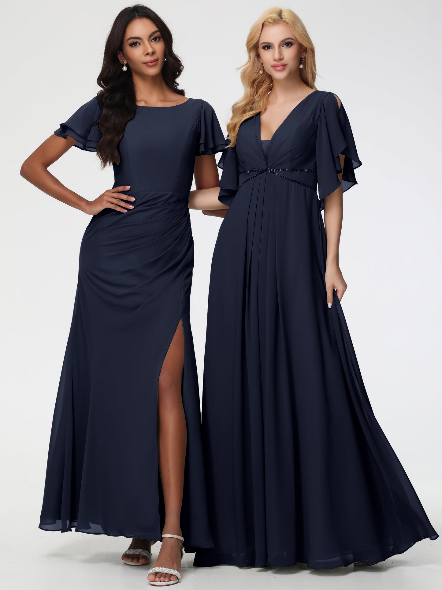 Dark Navy Bridesmaid Dresses A-Line Short Sleeves V Neck Sequined Empire Waist Long Chiffon Bridesmaid Dresses