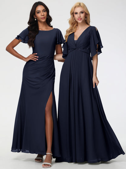 Dark Navy Bridesmaid Dresses A-Line Short Sleeves V Neck Sequined Empire Waist Long Chiffon Bridesmaid Dresses