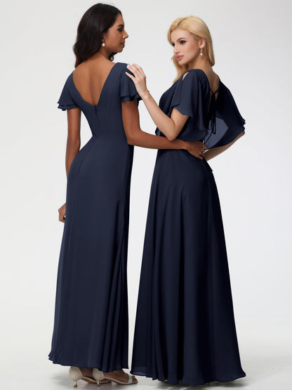 Dark Navy Bridesmaid Dresses A-Line Short Sleeves V Neck Sequined Empire Waist Long Chiffon Bridesmaid Dresses
