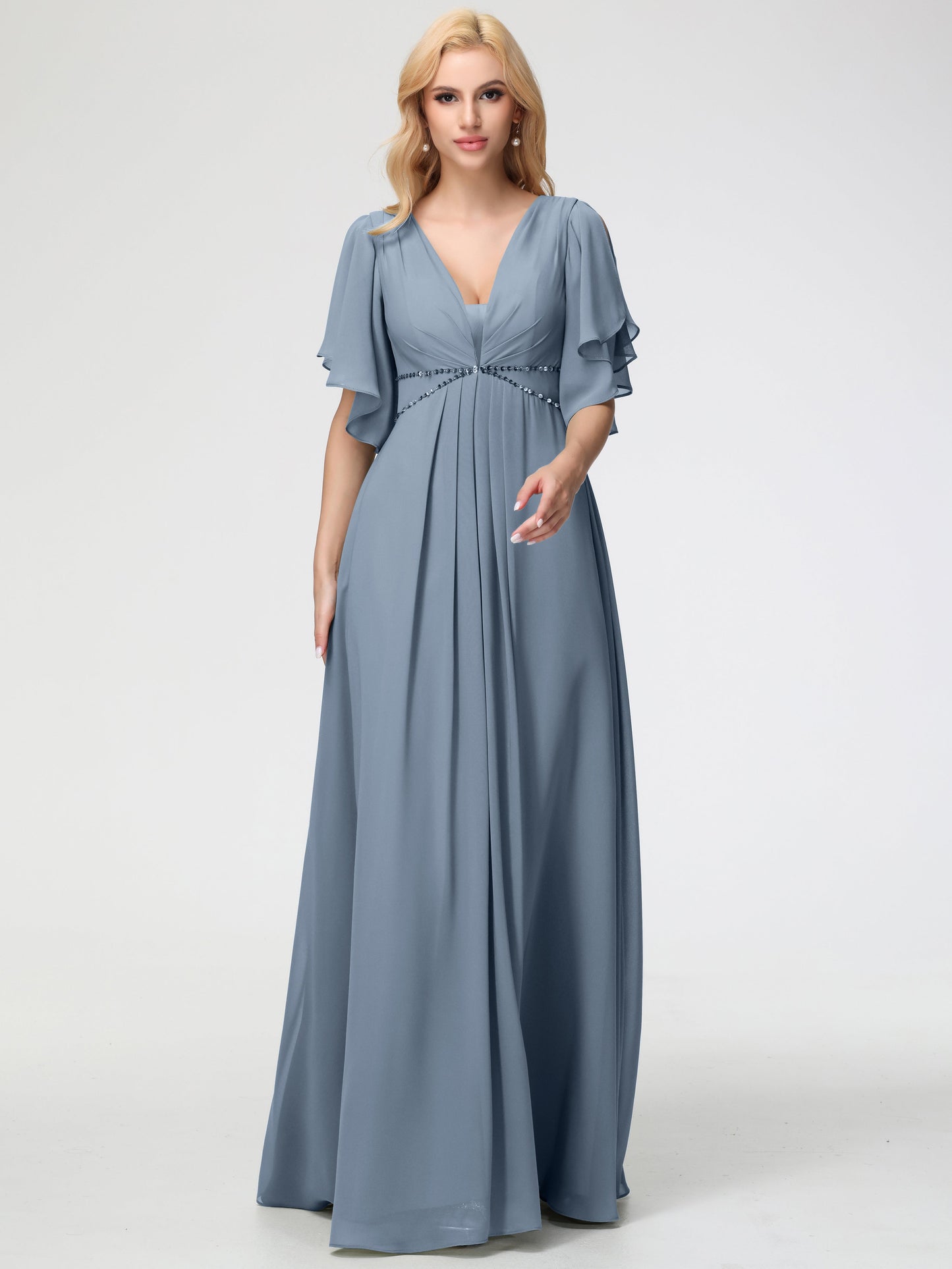 Dusty Blue Bridesmaid Dress A-Line Short Sleeves V Neck Sequined Empire Waist Long Chiffon Bridesmaid Dresses