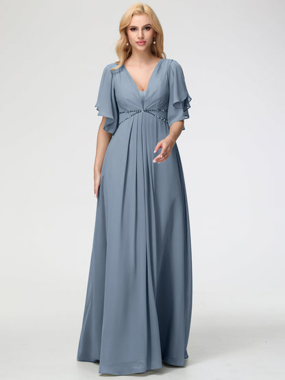 Dusty Blue Bridesmaid Dress A-Line Short Sleeves V Neck Sequined Empire Waist Long Chiffon Bridesmaid Dresses