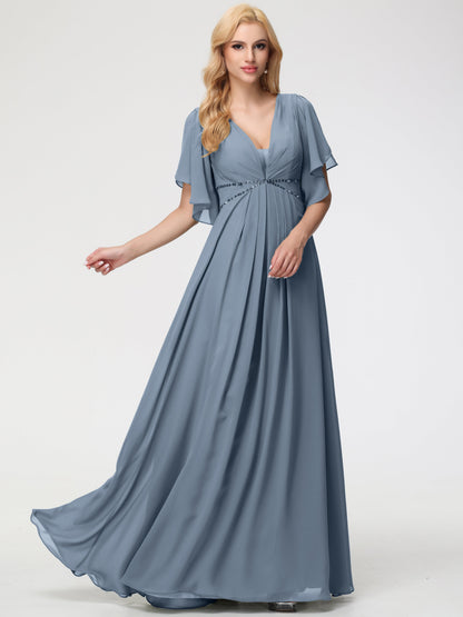 Dusty Blue Bridesmaid Dress A-Line Short Sleeves V Neck Sequined Empire Waist Long Chiffon Bridesmaid Dresses