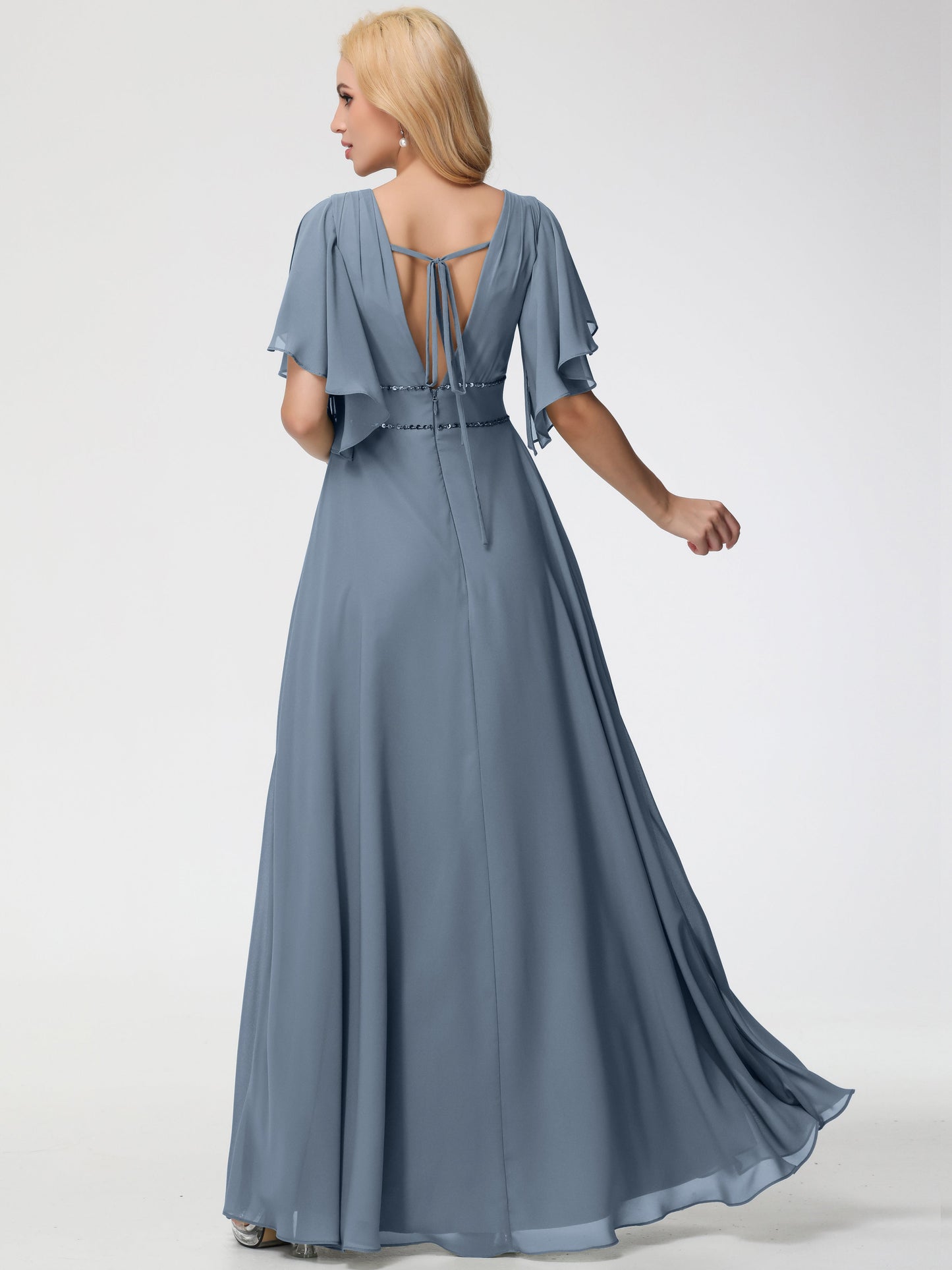 Dusty Blue Bridesmaid Dress A-Line Short Sleeves V Neck Sequined Empire Waist Long Chiffon Bridesmaid Dresses