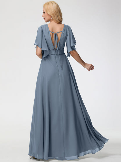 Dusty Blue Bridesmaid Dress A-Line Short Sleeves V Neck Sequined Empire Waist Long Chiffon Bridesmaid Dresses