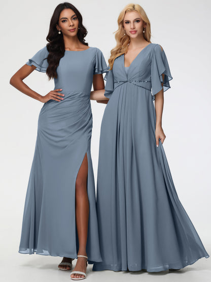 Dusty Blue Bridesmaid Dress A-Line Short Sleeves V Neck Sequined Empire Waist Long Chiffon Bridesmaid Dresses