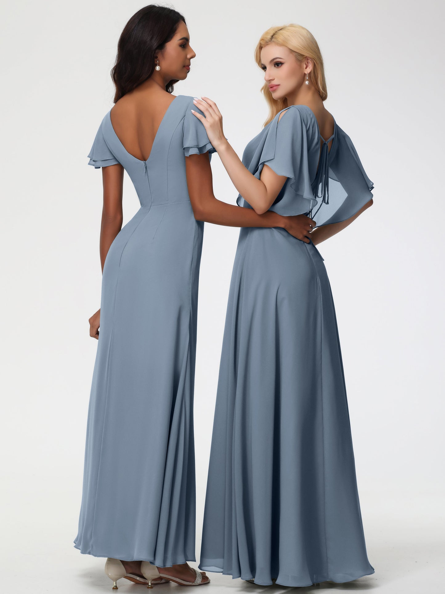 Dusty Blue Bridesmaid Dress A-Line Short Sleeves V Neck Sequined Empire Waist Long Chiffon Bridesmaid Dresses