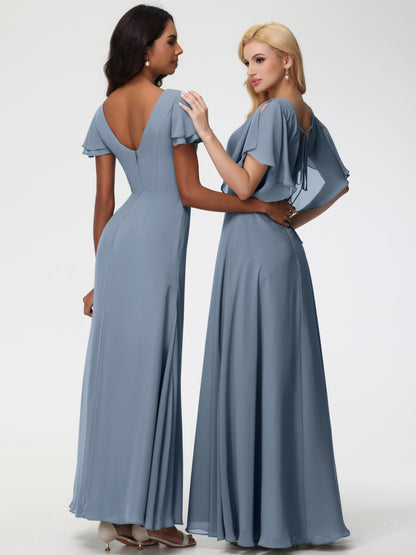 Dusty Blue Bridesmaid Dress A-Line Short Sleeves V Neck Sequined Empire Waist Long Chiffon Bridesmaid Dresses