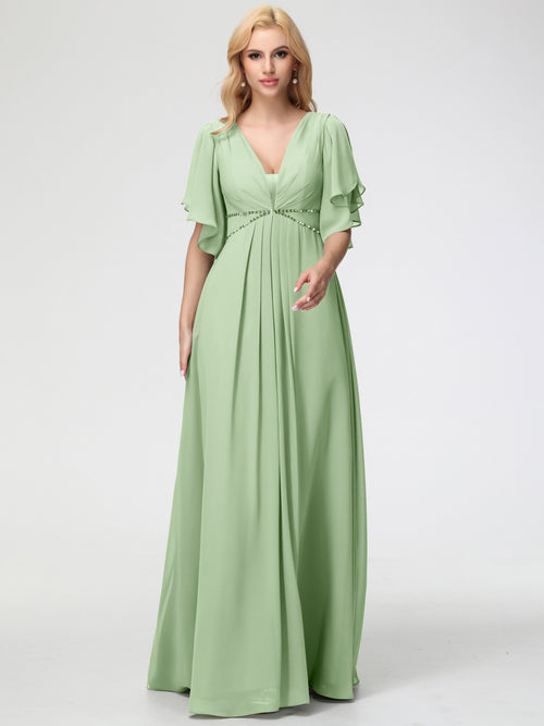 Dusty Sage Bridesmaid Dresses A-Line Short Sleeves V Neck Sequined Empire Waist Long Chiffon Bridesmaid Dresses