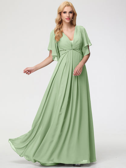 Dusty Sage Bridesmaid Dresses A-Line Short Sleeves V Neck Sequined Empire Waist Long Chiffon Bridesmaid Dresses