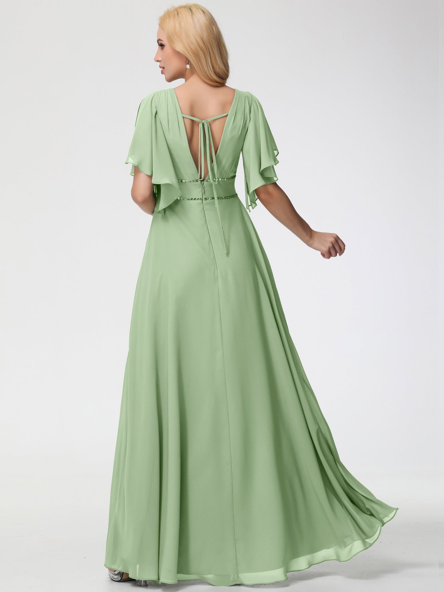 Dusty Sage Bridesmaid Dresses A-Line Short Sleeves V Neck Sequined Empire Waist Long Chiffon Bridesmaid Dresses