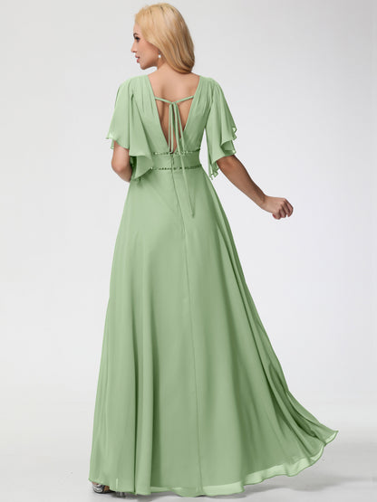 Dusty Sage Bridesmaid Dresses A-Line Short Sleeves V Neck Sequined Empire Waist Long Chiffon Bridesmaid Dresses