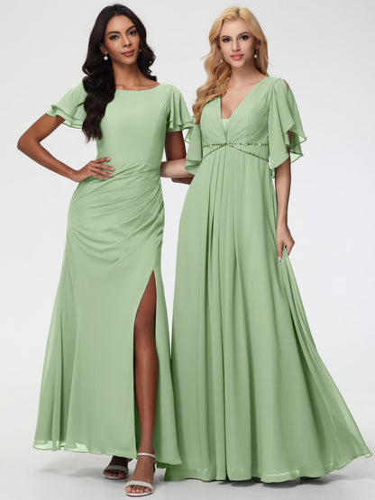Dusty Sage Bridesmaid Dresses A-Line Short Sleeves V Neck Sequined Empire Waist Long Chiffon Bridesmaid Dresses