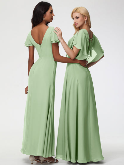 Dusty Sage Bridesmaid Dresses A-Line Short Sleeves V Neck Sequined Empire Waist Long Chiffon Bridesmaid Dresses