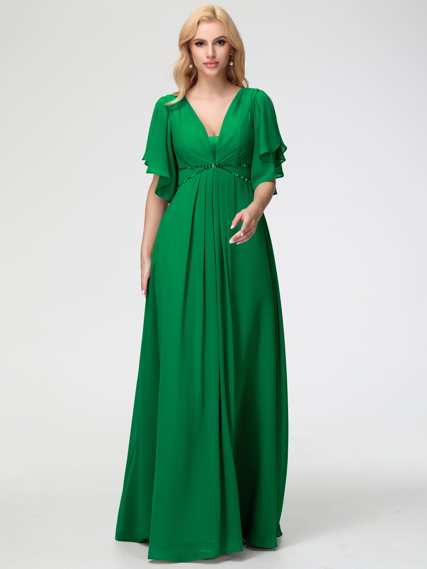 Emerald Green Bridesmaid Dress A-Line Short Sleeves V Neck Sequined Empire Waist Long Chiffon Bridesmaid Dresses