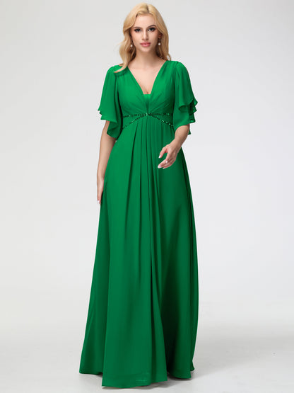 Emerald Green Bridesmaid Dress A-Line Short Sleeves V Neck Sequined Empire Waist Long Chiffon Bridesmaid Dresses