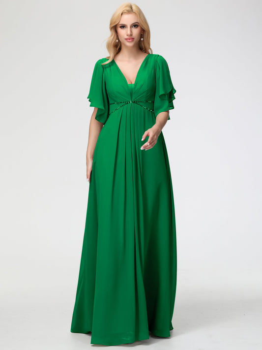 Emerald Green Bridesmaid Dress A-Line Short Sleeves V Neck Sequined Empire Waist Long Chiffon Bridesmaid Dresses