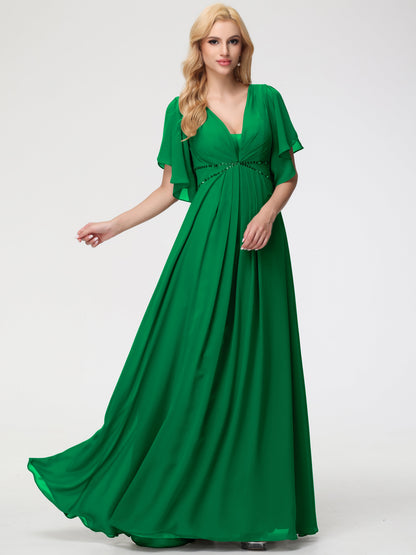 Emerald Green Bridesmaid Dress A-Line Short Sleeves V Neck Sequined Empire Waist Long Chiffon Bridesmaid Dresses