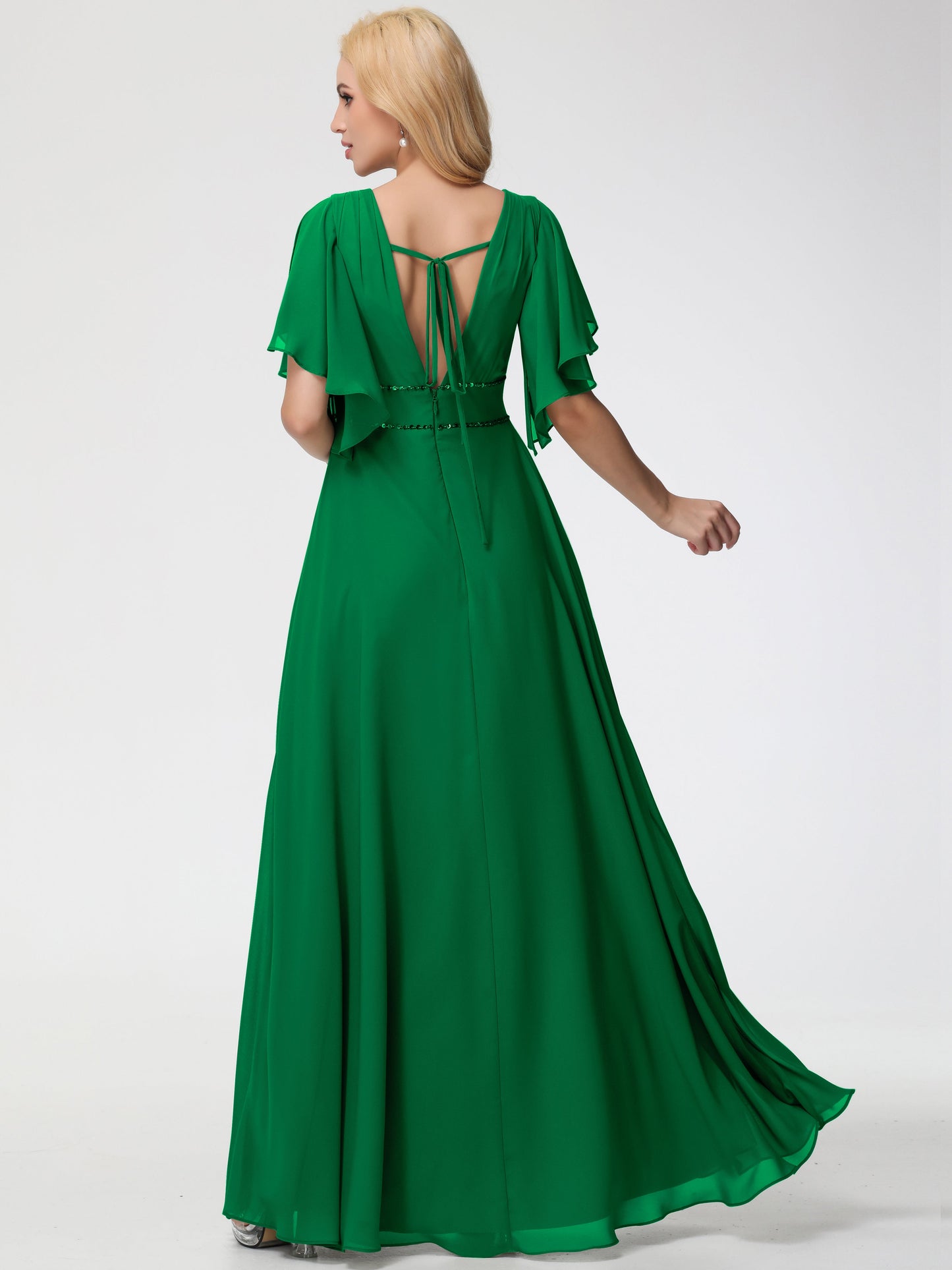 Emerald Green Bridesmaid Dress A-Line Short Sleeves V Neck Sequined Empire Waist Long Chiffon Bridesmaid Dresses