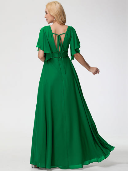 Emerald Green Bridesmaid Dress A-Line Short Sleeves V Neck Sequined Empire Waist Long Chiffon Bridesmaid Dresses