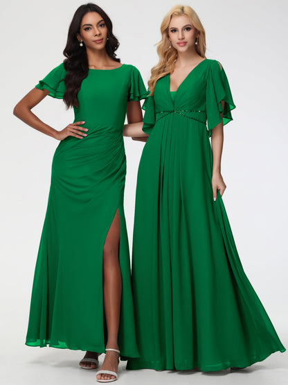 Emerald Green Bridesmaid Dress A-Line Short Sleeves V Neck Sequined Empire Waist Long Chiffon Bridesmaid Dresses