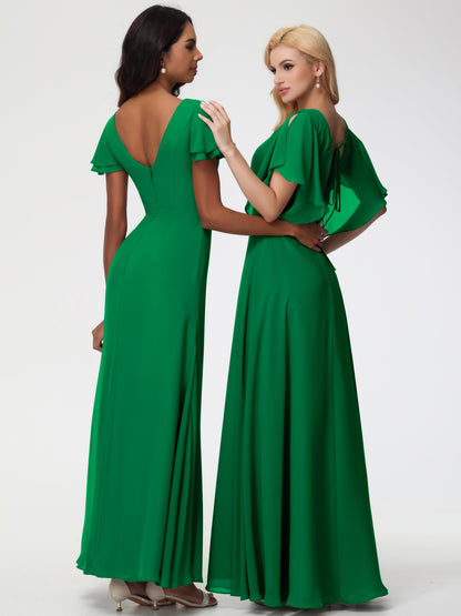 Emerald Green Bridesmaid Dress A-Line Short Sleeves V Neck Sequined Empire Waist Long Chiffon Bridesmaid Dresses
