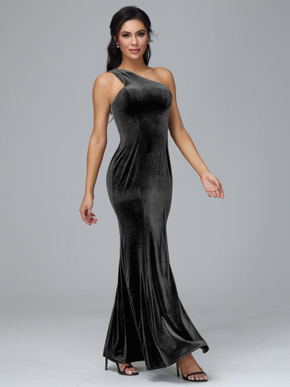 One Shoulder Plus Size Velvet Bridesmaid Dress With Slit