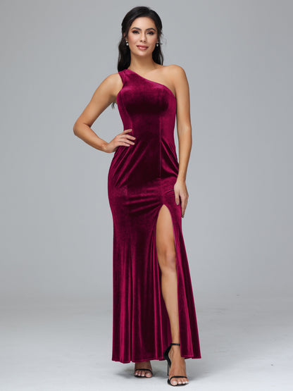 One Shoulder Plus Size Velvet Bridesmaid Dress With Slit