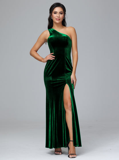 One Shoulder Plus Size Velvet Bridesmaid Dress With Slit