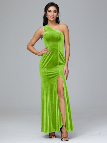 One Shoulder Plus Size Velvet Bridesmaid Dress With Slit