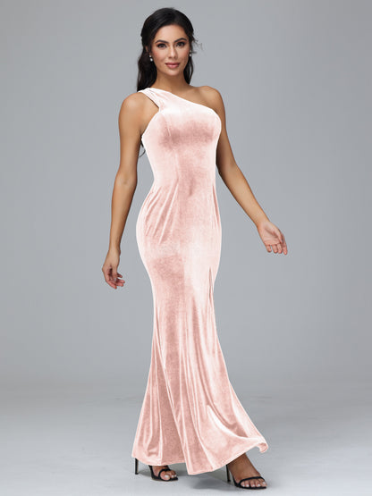 One Shoulder Plus Size Velvet Bridesmaid Dress With Slit